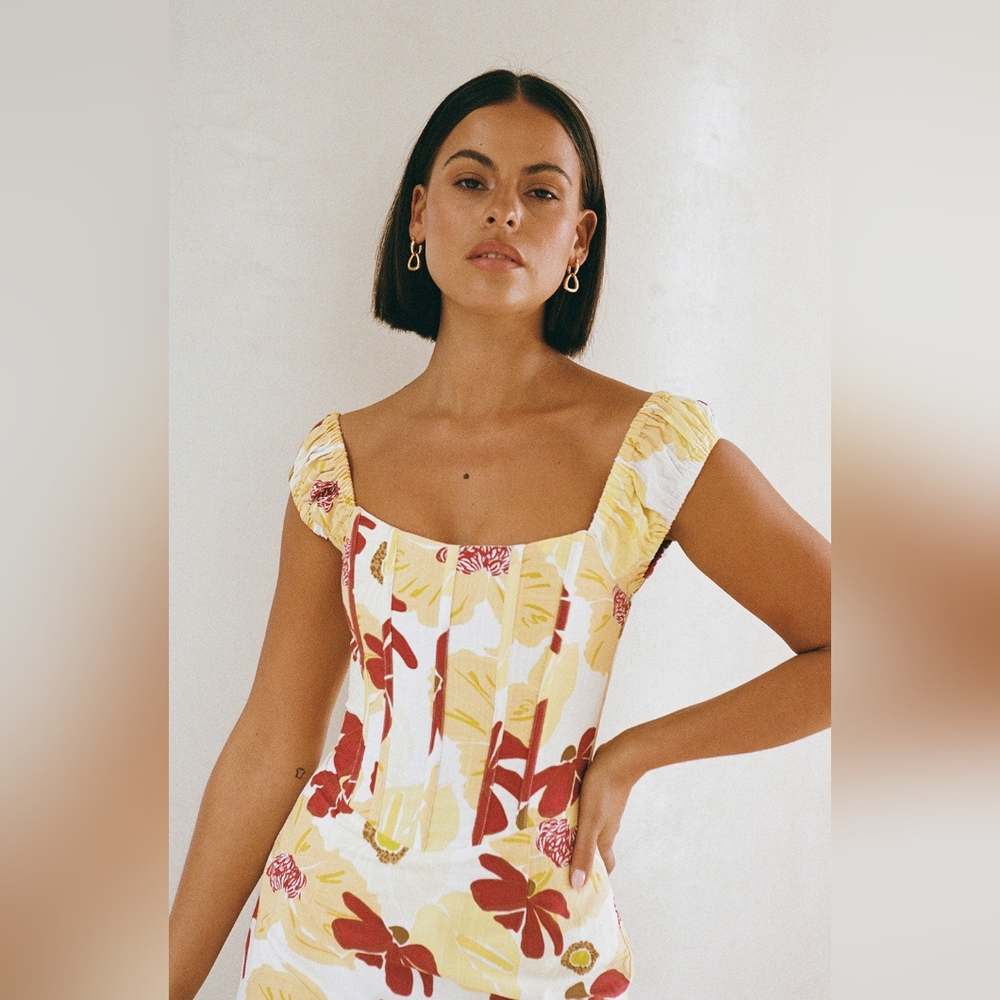 Sabo Skirt White Mini Dress with Yellow & Red Floral Print - Picture 2 of 12